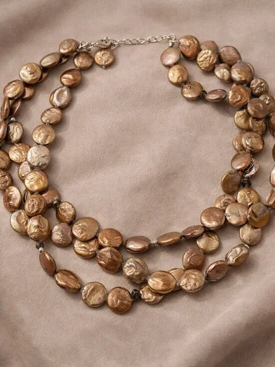 Silpada Bronze Coin Pearl 3-Strand Necklace | Smoky Quartz Layered N1717 - Picture 2 of 4